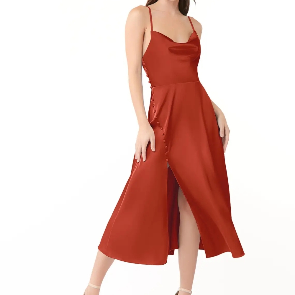 Azazie Ceci Stretch Satin Midi Dress In Rust